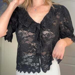 Ultra Pink Black Lace Sheer Ruffle Fairy Blouse